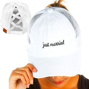 Just Married Distressed Crisscross Ponytail Baseball Cap - Bride